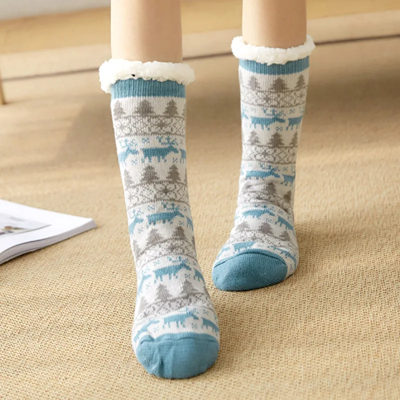 Turquoise Blue Elk Зимние толстые носки-тапочки la casa ju wa нескользящие носки-тапочки для взрослых теплые носки-трубы для детей, в настоящее время доступны - Цвет: Turquoise Blue Elk
