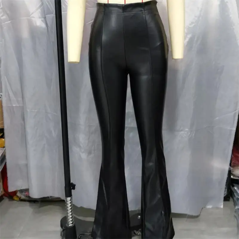 

MESTTRAF Women 2021 Fashion Artificial Leather Bell Bottom Pants Retro High Elastic Waist Women's Trousers Streetwear