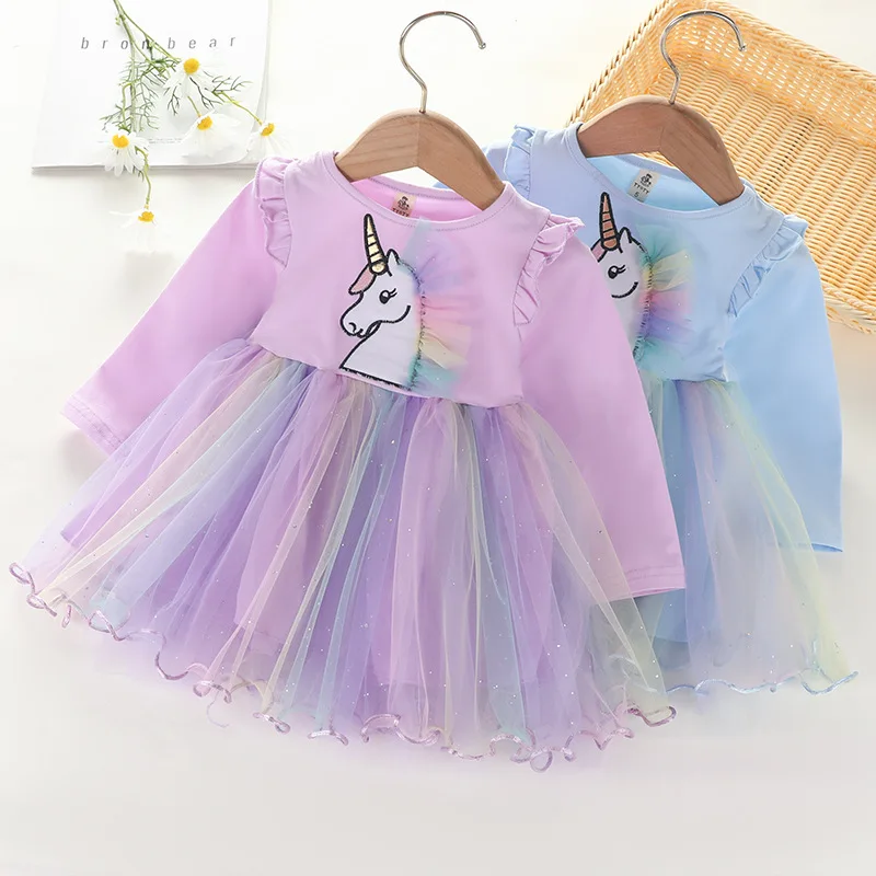 

Girls Dress Cartoon Unicorn Kids Party Clothes Mesh Long Sleeve Children Princess Dress 2020 New Spring Fall Toddler Costume