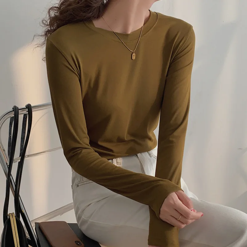 

Футболка с круглым вырезом и длинным рукавом, женская новая Корейская модель на весну и осень 2021, облегающая, в верхней рубашке