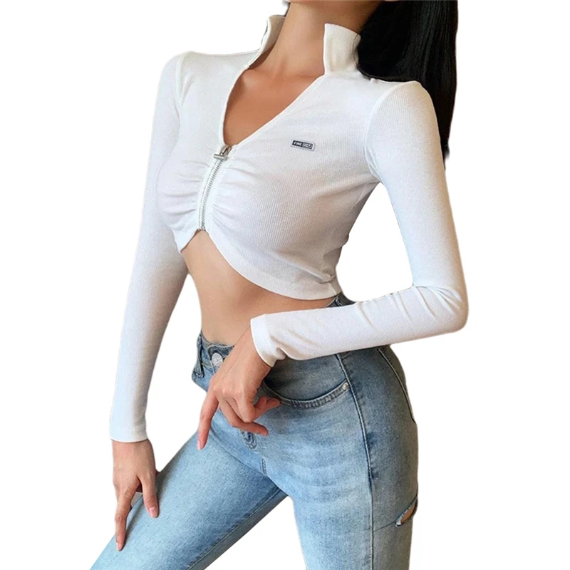 

2020 женский сексуальный топ на молнии с длинным рукавом, модная женская футболка с длинным рукавом