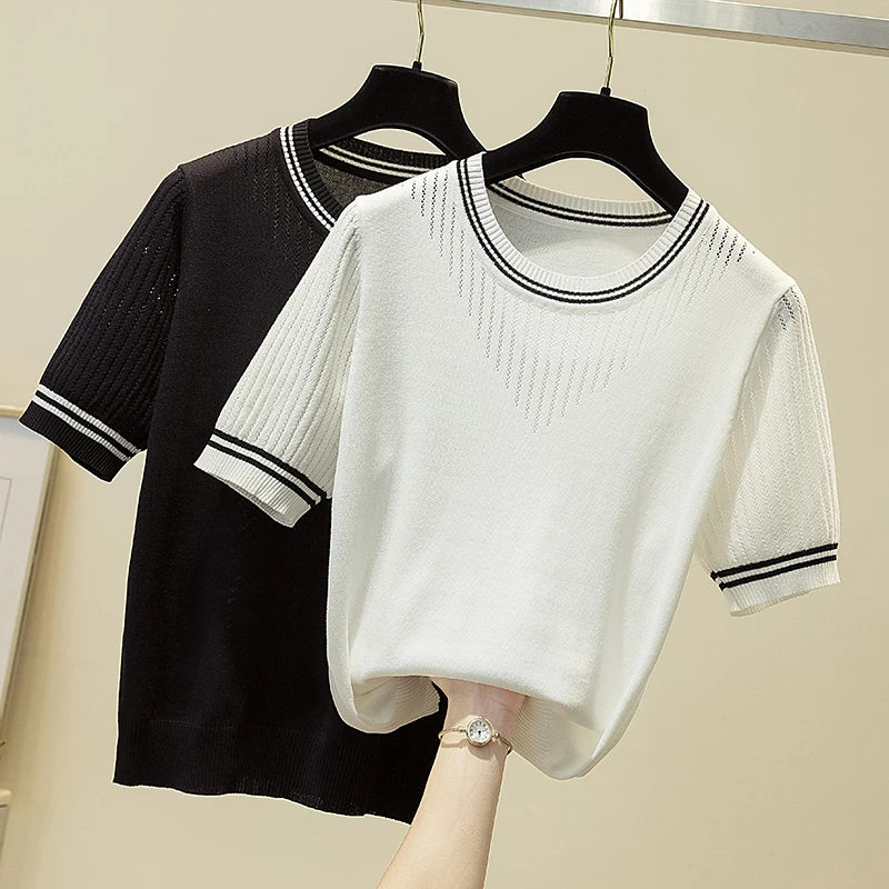 Black Knitted T Shirt Women Tops Hollow Out 2021 Summer Short Sleeve O-Neck T-Shirt Female Loose Thin Tshirt White Woman Clothes