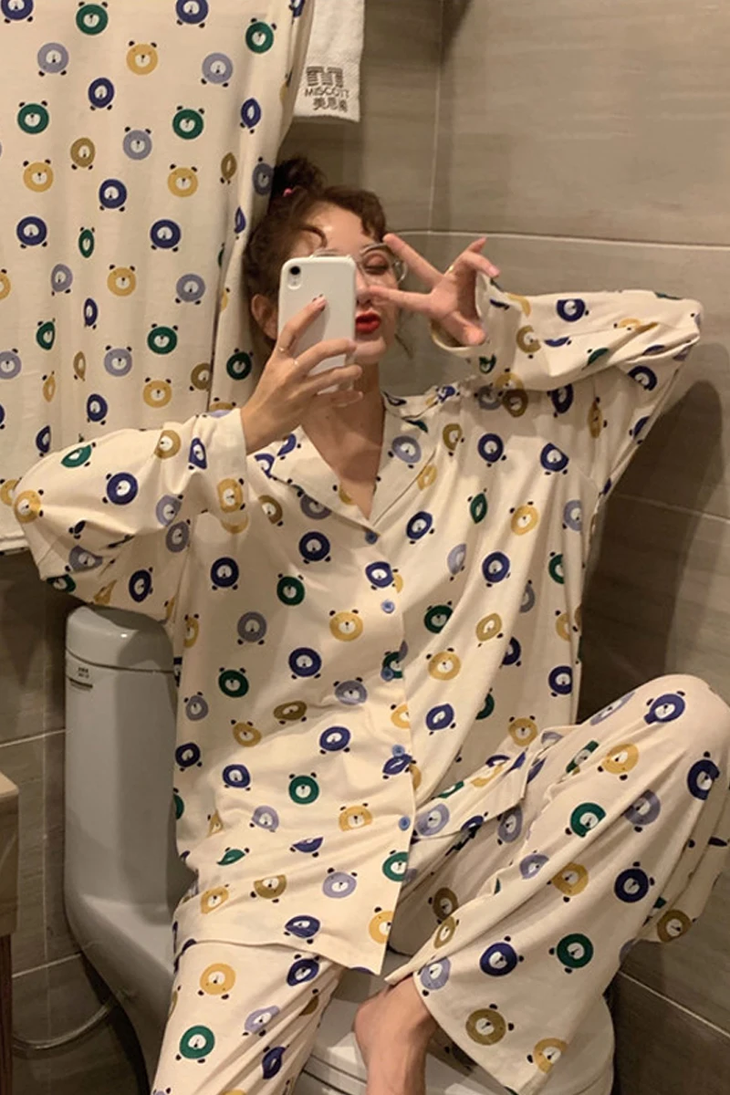 

Saliency 2020 Pajamas Women Spring and Autumn Long-sleeved Cardigan Small Lapel Korean Cute Student Bear Home Clothes Suit