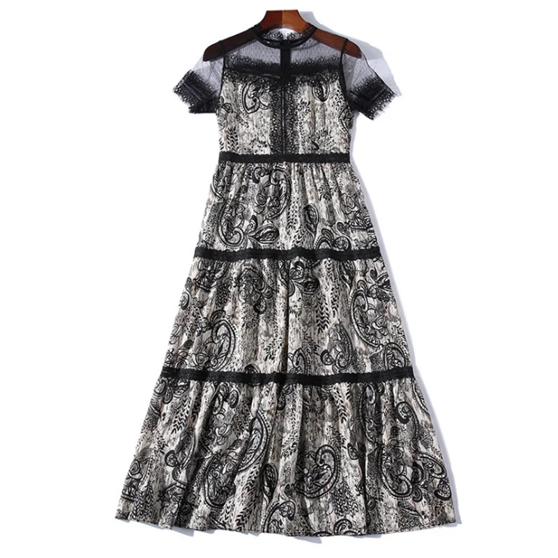 

2021 Spring and Autumn Lace Stitching Mesh Women Dress Celebrity Temperament Thin Mid-Length Lady Skirt