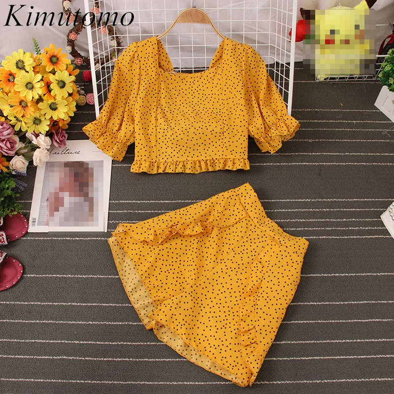 

Винтажный шикарный костюм Kimutomo, женская рубашка в горошек с квадратным вырезом и коротким рукавом + шорты с высокой талией и оборками, празд...