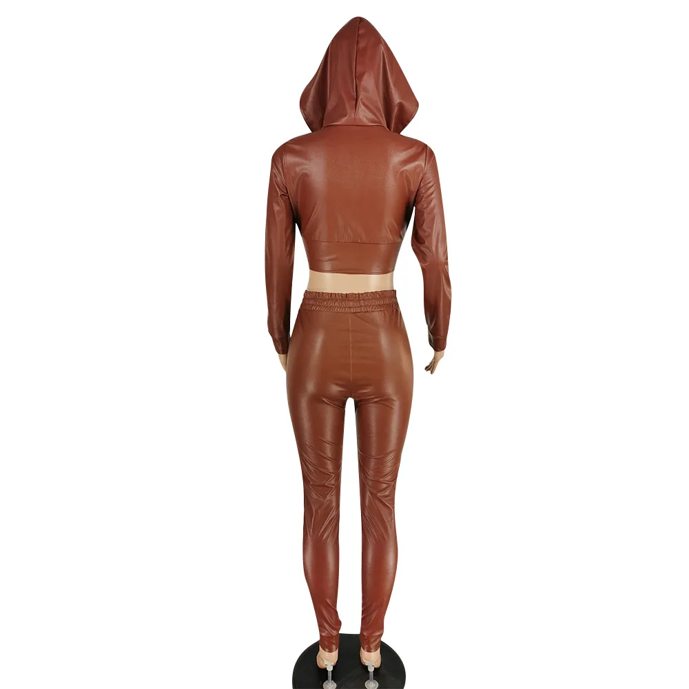 

Flocking PU Leather Fitness Tracksuit Women's Set Hooded Long Sleeve Crop Top and Elastic Waist Pencil Pant Fall 2 Piece Outfits
