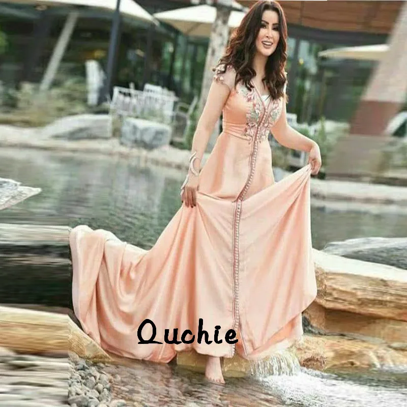 

Peach Moroccan Kaftan Evening Dresses Appliques Short Sleeve Arabic Muslim Special Occasion Formal Party Gown