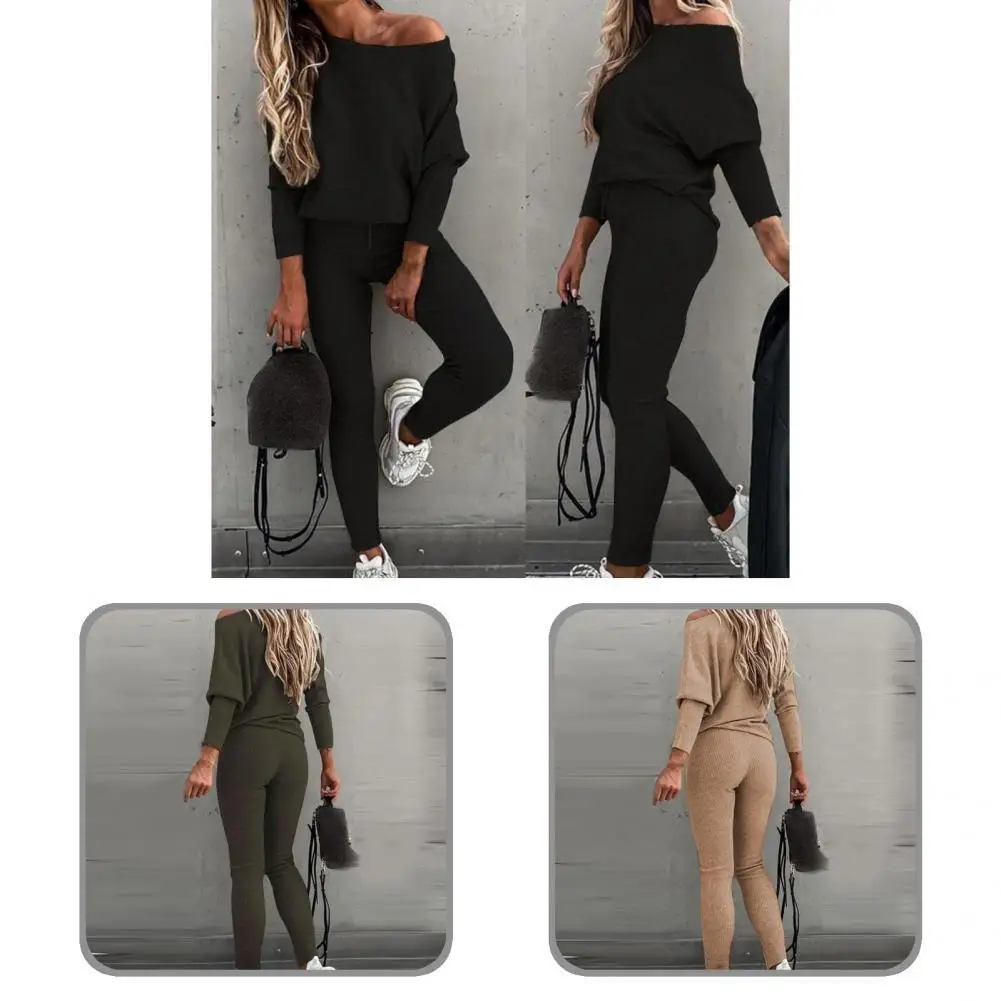 

Female 1 Set Simple Slanted Neck Blouse Lace-up Pants Autumn Winter Top Pants Off Shoulder for Running