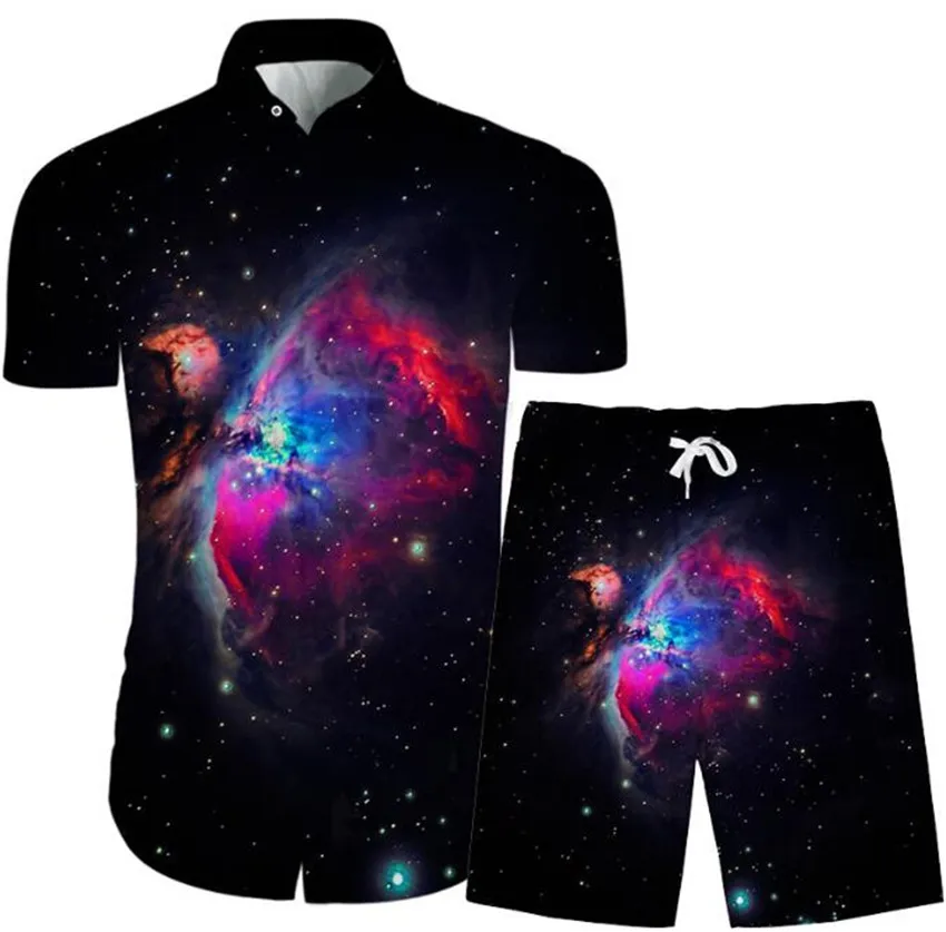 

KISSQIQI Men Summer Shirt Suits 3D Printed Casual Starry Sky Male Shirt and Pants 2 Piece Maximum Asian Size XXS-3XL
