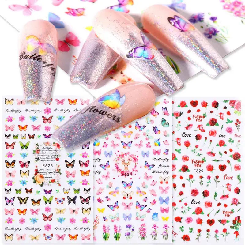 

6 Styles Nail Sticker Women Face Geometric Nail Art Water Transfer Decals Sliders Flower Leaves Butterfly Love Manicures Decor