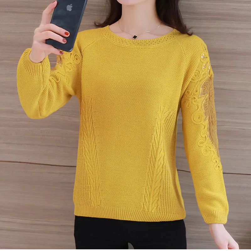 Женский вязаный пуловер свитер с круглым вырезом и длинными рукавами тонкий