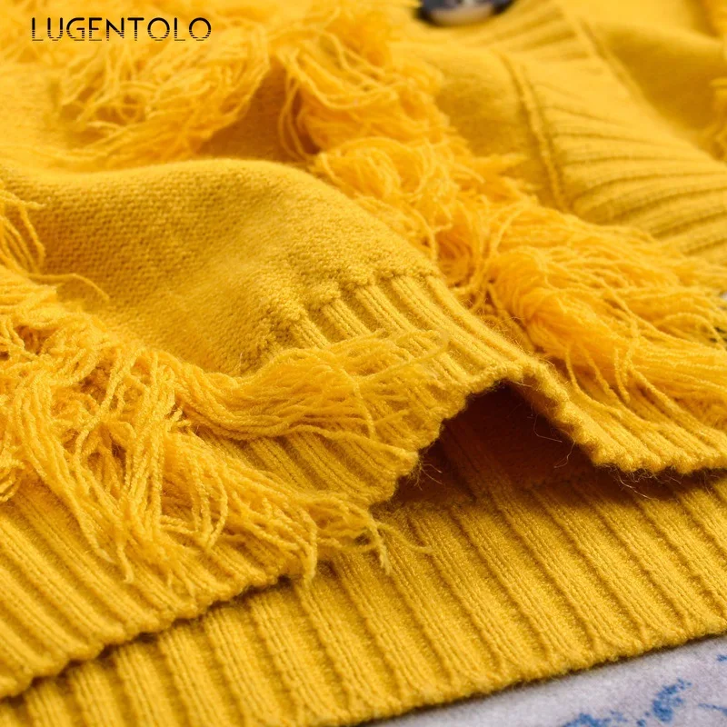 Lugentolo Ladies Sweater Casual Loose Student Jacket Fashion Tassel Knit Cardigan Solid Color |