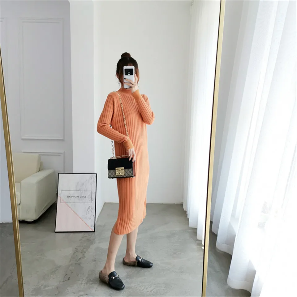 Раздельное однотонное платье с круглым вырезом и длинным рукавом Vestido, милое зимнее трикотажное платье, Осеннее женское элегантное платье, новинка года, модное тонкое мягкое женское платье