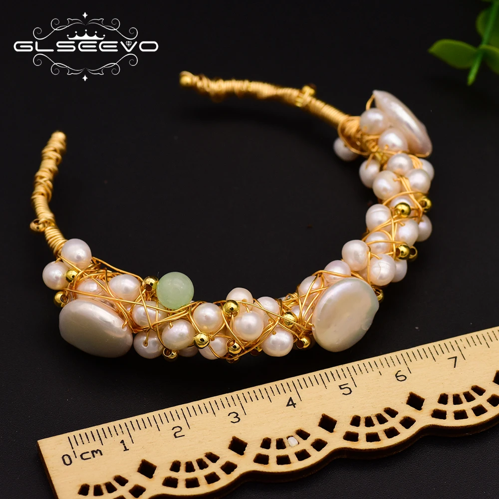 

GLSEEVO Natural Fresh Water Baroque Pearls Adjustable Bangles For Women Wedding Handmade Bracelets Fashion Jewelry GB0060-F