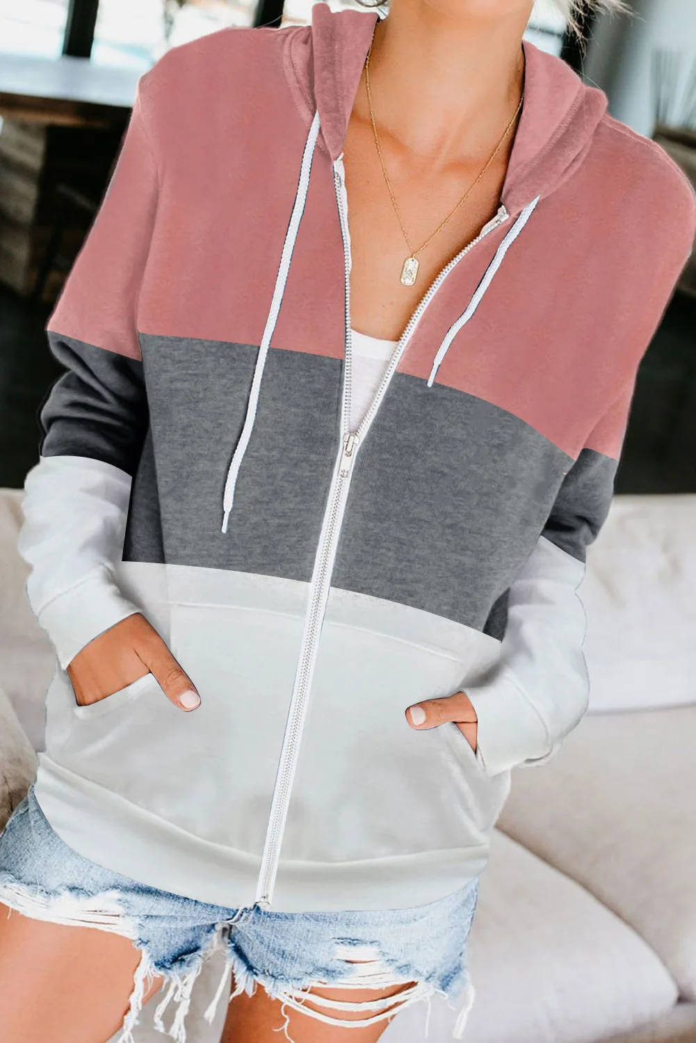 

Autumn and winter women's clothing casual daily long-sleeved contrast color hooded sweater women zipper pocket cardigan jacket