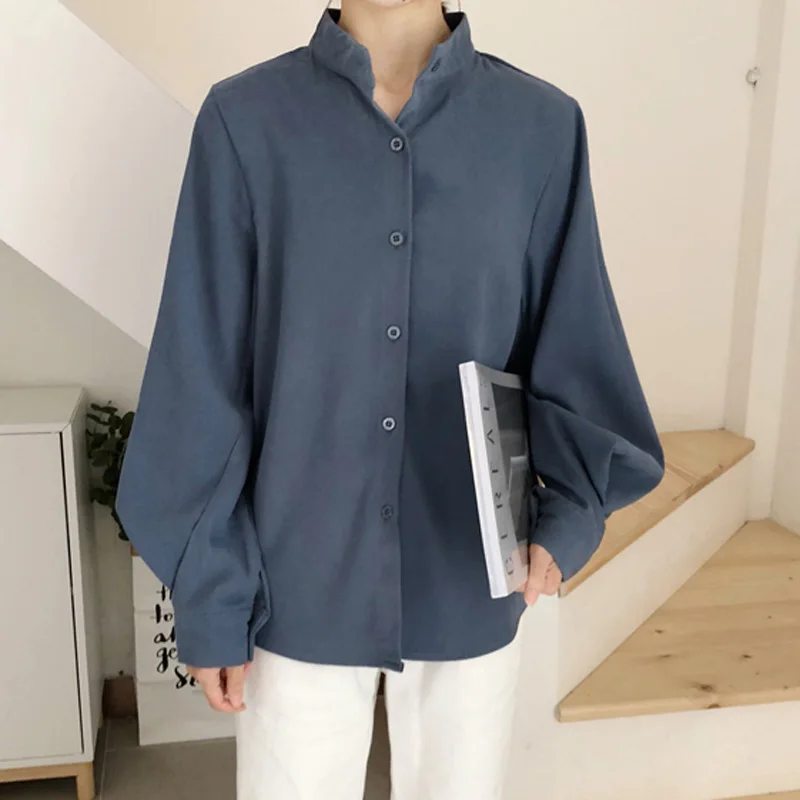 

HStar Vintage Lantern Sleeve Spring solid Blouse Women Single-breasted Stand Collar Lady Shirt Tops Blusas Femme 2020