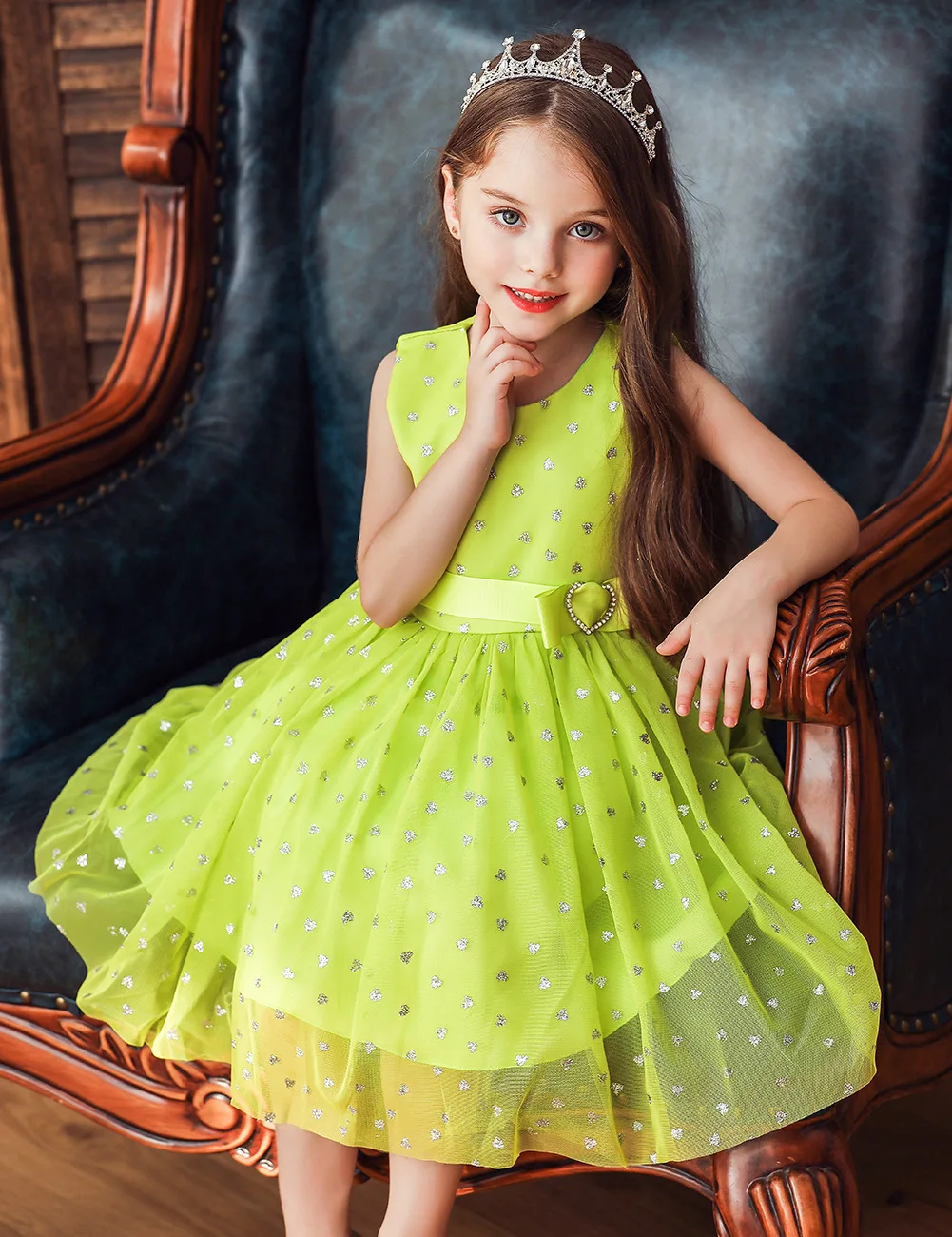 

Girls' Sleeveless Mesh Dress Children's Heart Print Princess Skirt