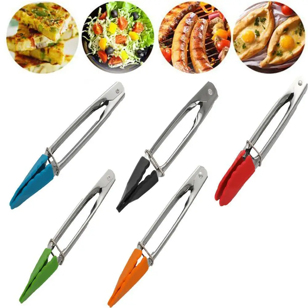 

1PC Steel BBQ Grilling Clip Salad Bread Serving Tong Non-Stick Kitchen Silicone Barbecue Grilling Cooking Tong