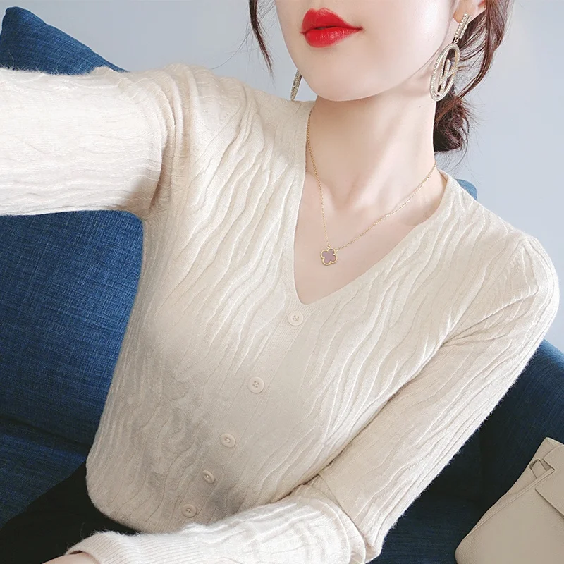 

Женский шерстяной свитер с V-образным вырезом и воротником-курицей