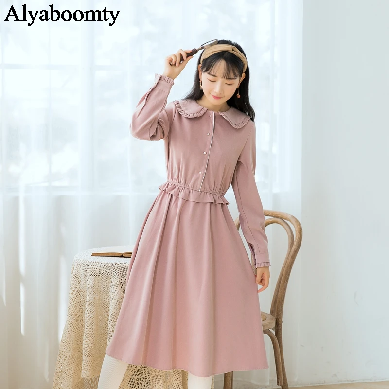 Женское платье средней длины с воротником в стиле Питера Пэна розовое хлопковое