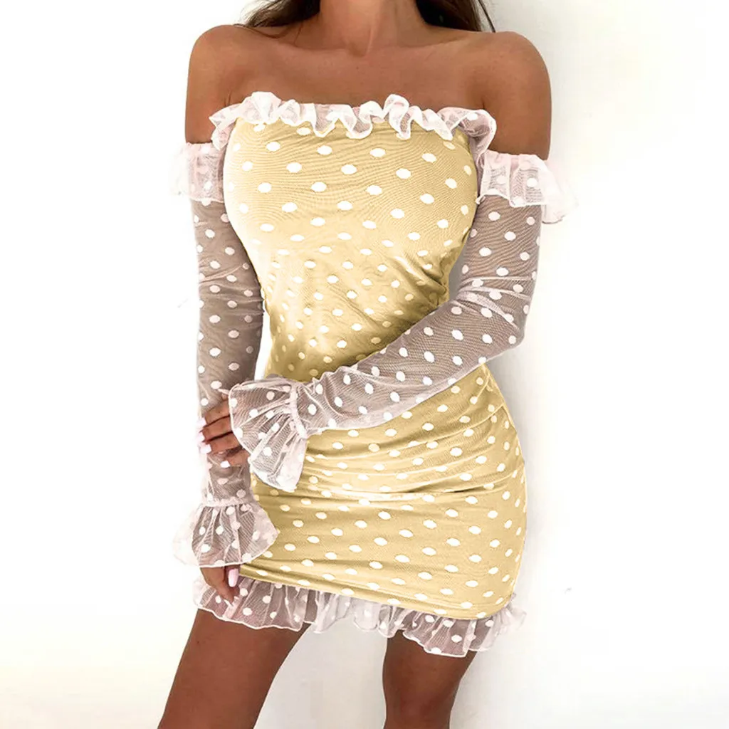 Модные ужин вырез в горошек с принтом оборками mesh gauze/двухслойное платье длинными