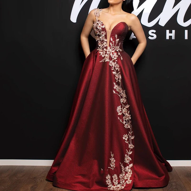 

Satin Burgundy One Shoulder Long Evening Dresses with Pockets Golden Appliques Flowers Evening Gown Special Occasion Dresses