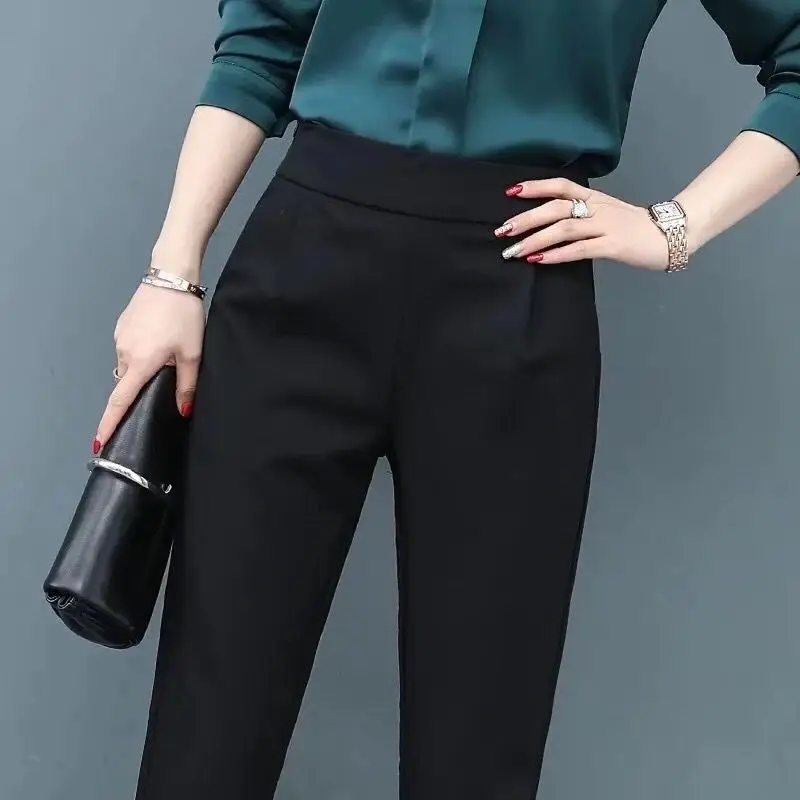 

2021 spring new thin elastic harem pants women's solid color loose large size Korean version commute nine-point casual trousers