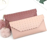 chic rivet long standard wallets bag for women fur ball decor lady day clutch phone purse money coin wallet card holders