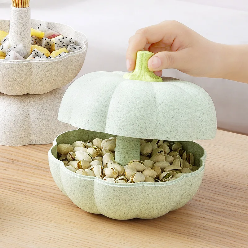 

Pumpkin Shape Snack Bowl Plastic Double Layers Nuts Storage Box Bowl Lazy Dry Fruit Melon Candy Food Plate Containers Home Decor