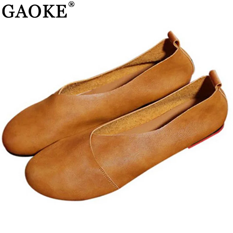

2023 PU Leather Flat Shoes Woman Hand-sewn Leather Loafers Cowhide Flexible Spring Casual Shoes Women Flats Women Shoes