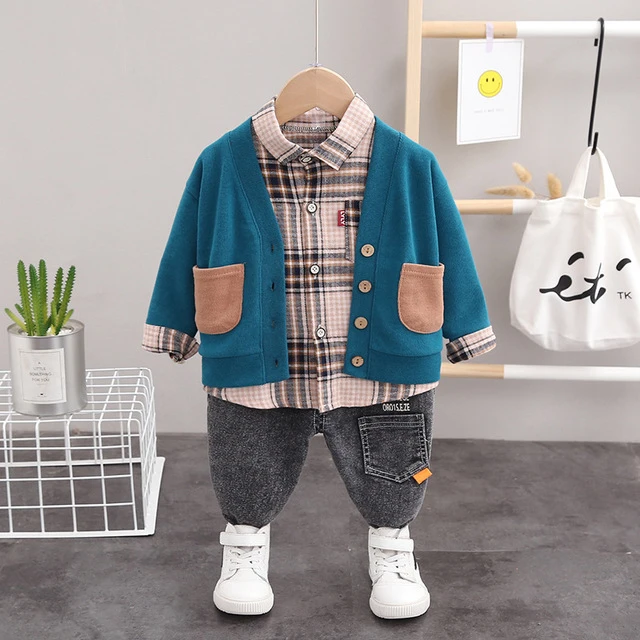 

Children Clothes Set Spring And Autumn Baby Boy Handsome Suit Personality Sweater Cardigan+ Plaid Shirt +Pants Three-Piece Suit
