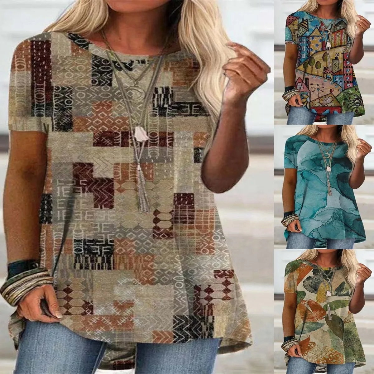 

Women New Summer Long Harajuku Loose Geometric Round Neck Printing Short Sleeve T Shirt Casual Pullover Streetwear Basic Tops
