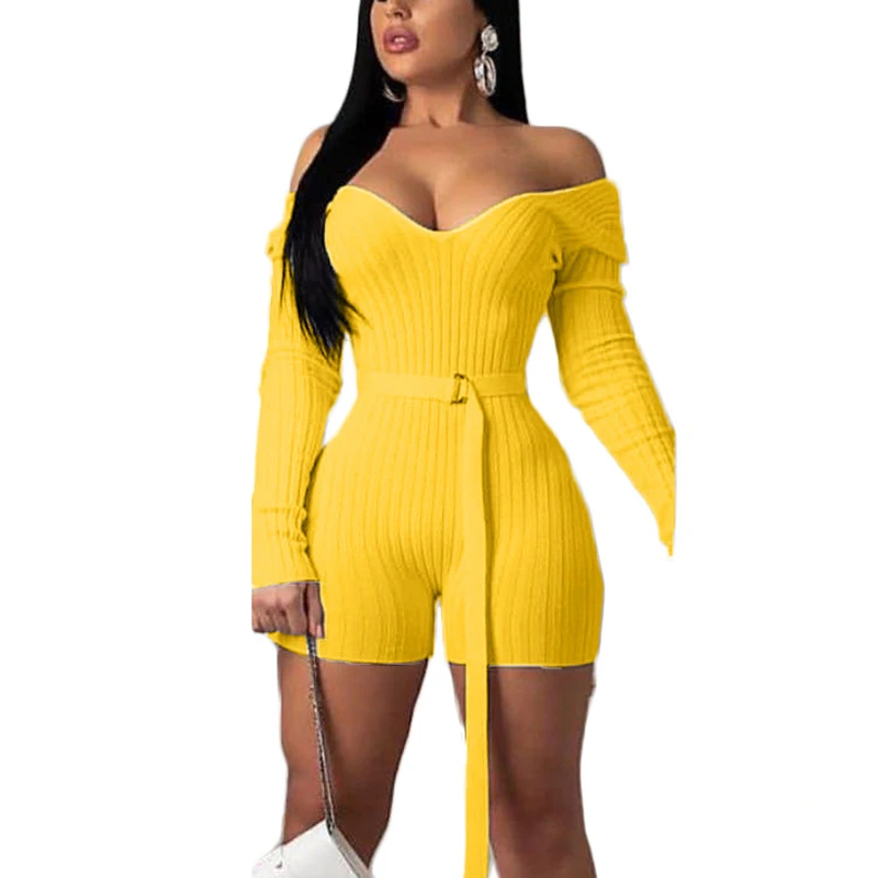 Women Knit Bodycon Off Shoulder Belted Playsuit Sexy Casual Chic Rompers Female Summer Fall Streetwear Overalls | Женская одежда