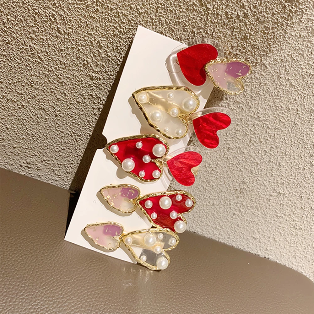 

Sweet Red Heart Imitation Pearl Hair Clip Acrylic Metal Duckbill Clip for Women Girls Fashion Chic Hairpin Headwear