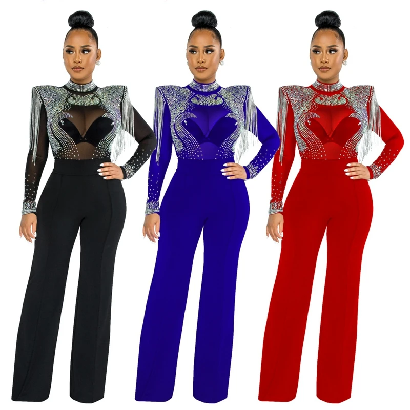 

Women Jumpsuit Solid High Collar Hot Drill Mesh Shoulder Cotton Long Sleeves Long Straight Jumpsuit Sexy Party Outfits