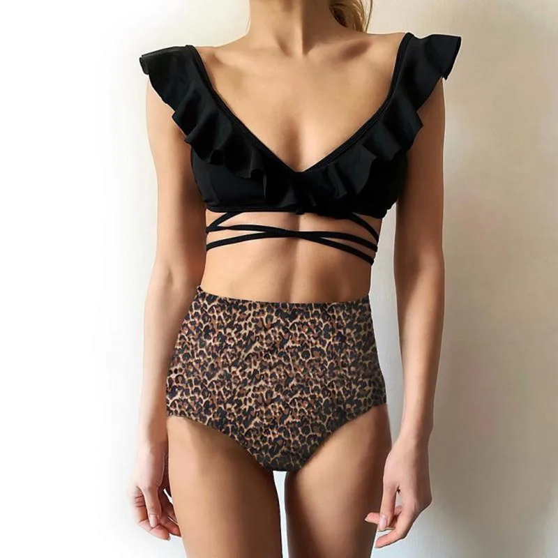 Женский бандажный купальник бикини с высокой талией и оборками Леопардовый
