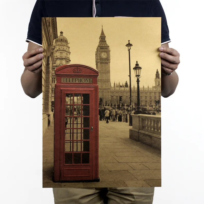 

London red telephone booth nostalgic kraft paper poster cafe bar room decoration painting wall sticker 51x35.5cm