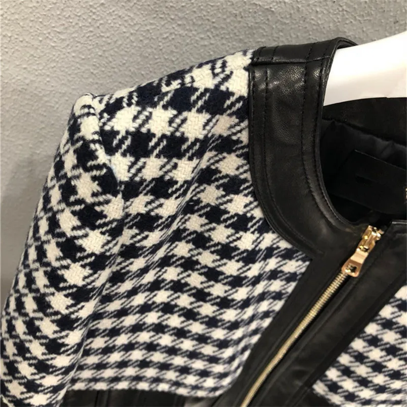 

Genuine Leather Skirt Set Women Sheepskin patchwork houndstooth tweed jacket + Mini Skirt Real Leather 2 Piece Set Office Lady