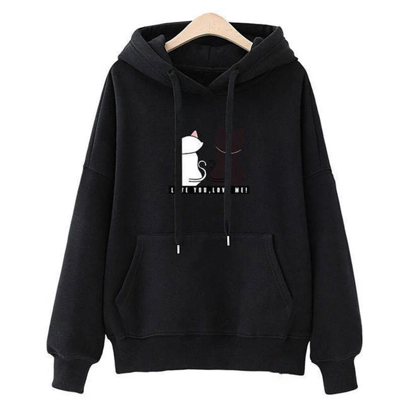 

Cute Black White Cartoon Cat Animal Printed Hoodie Sweatshirts For Women Pullover Tops Casual Loose Outwear Coats