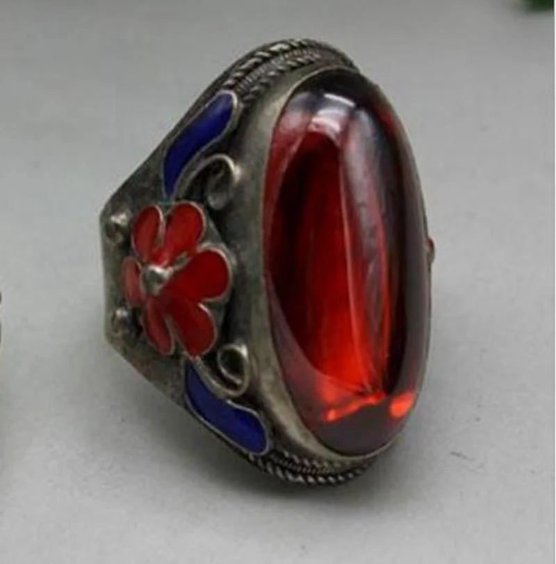 

Collectible Chinese Inlay Jade Old Tibet Silver Cloisonne Flower Ring for Women Men Fashion Accessories C7