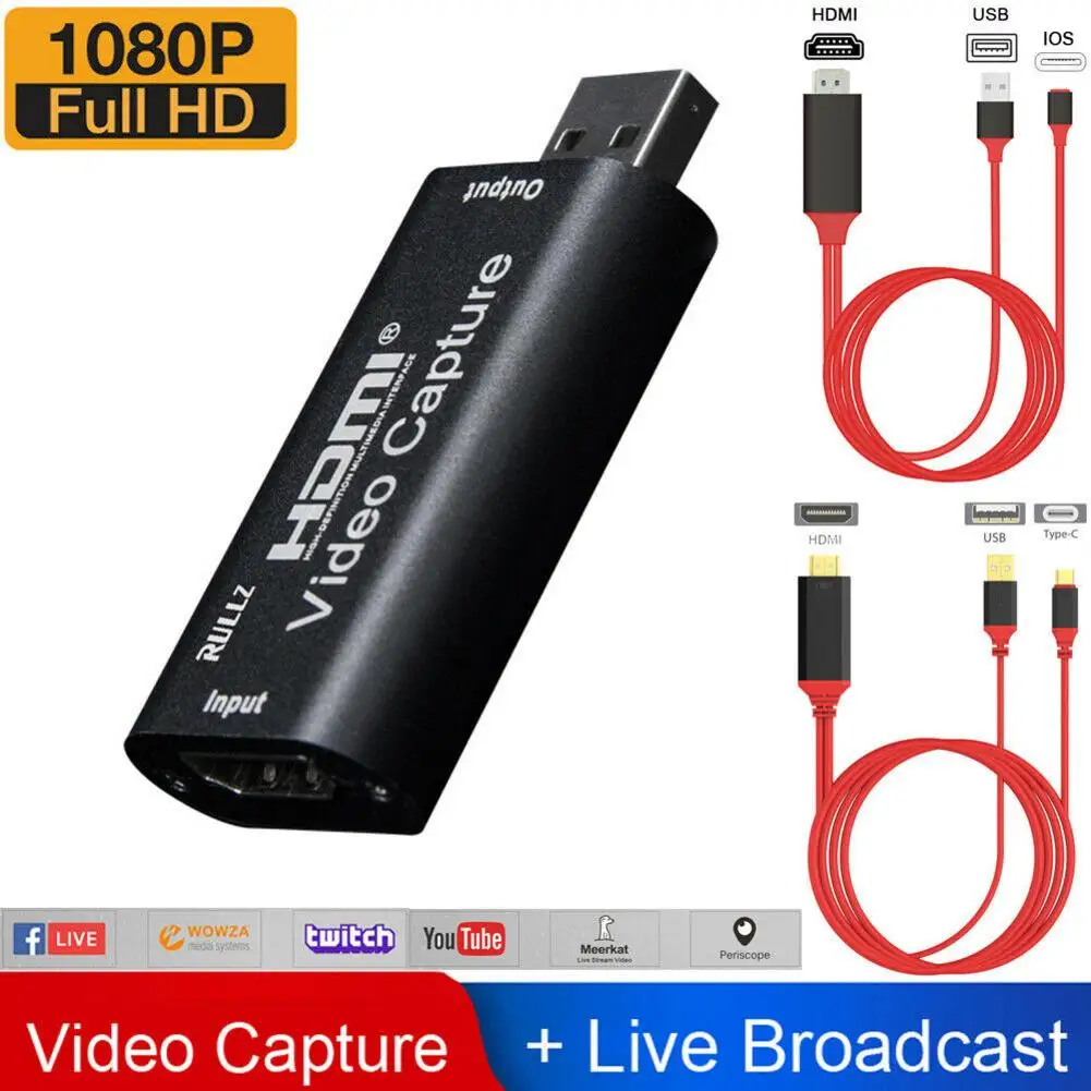 Mini Video Capture Card USB 2.0 HDMI Video Capture Grabber Phone Game Camera Capture Recording Box IOS To HDMI/ Type-C To HDMI