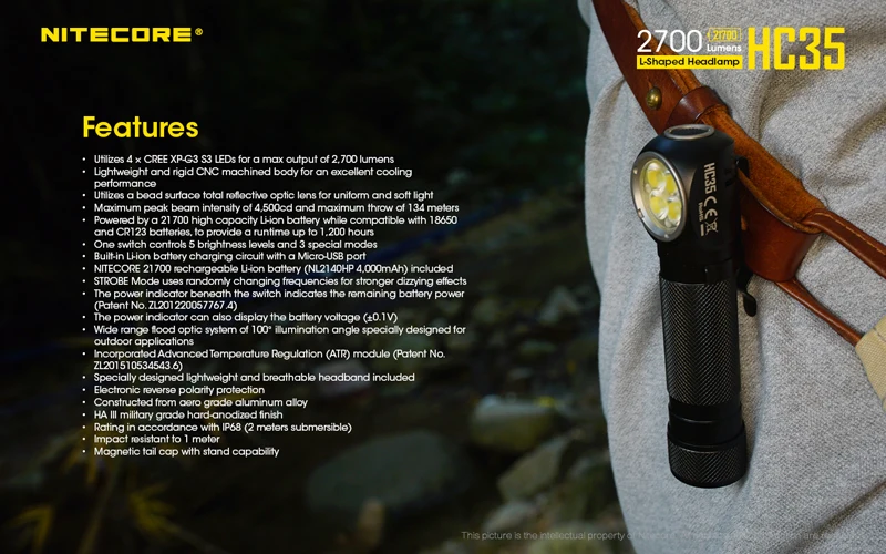 2700 люмен Nitecore HC35 4 x CREE XP-G3 S3 светодиоды следующего поколения 21700 Г-образный налобный фонарь с аккумулятором 4000 мАч