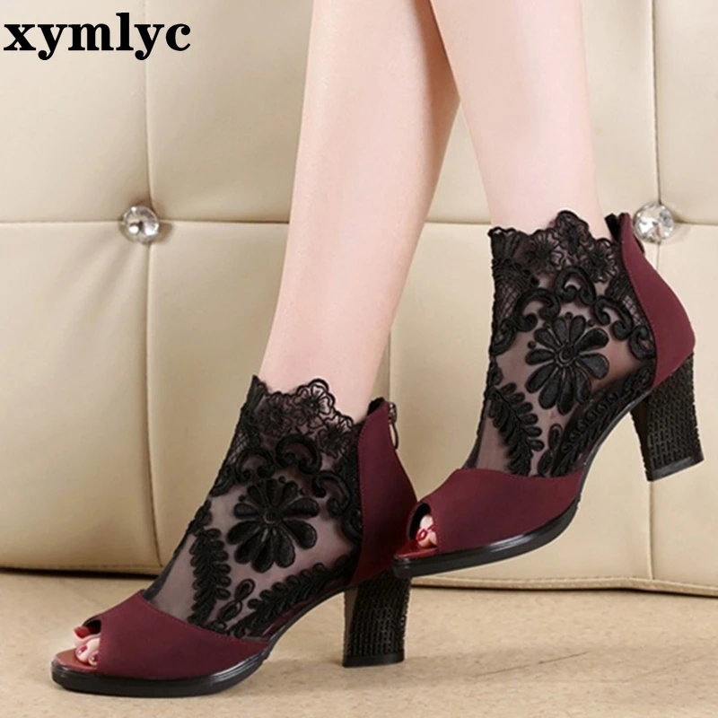 Летние сетчатые сандалии с открытым носком пикантные тонкие туфли на каблуке