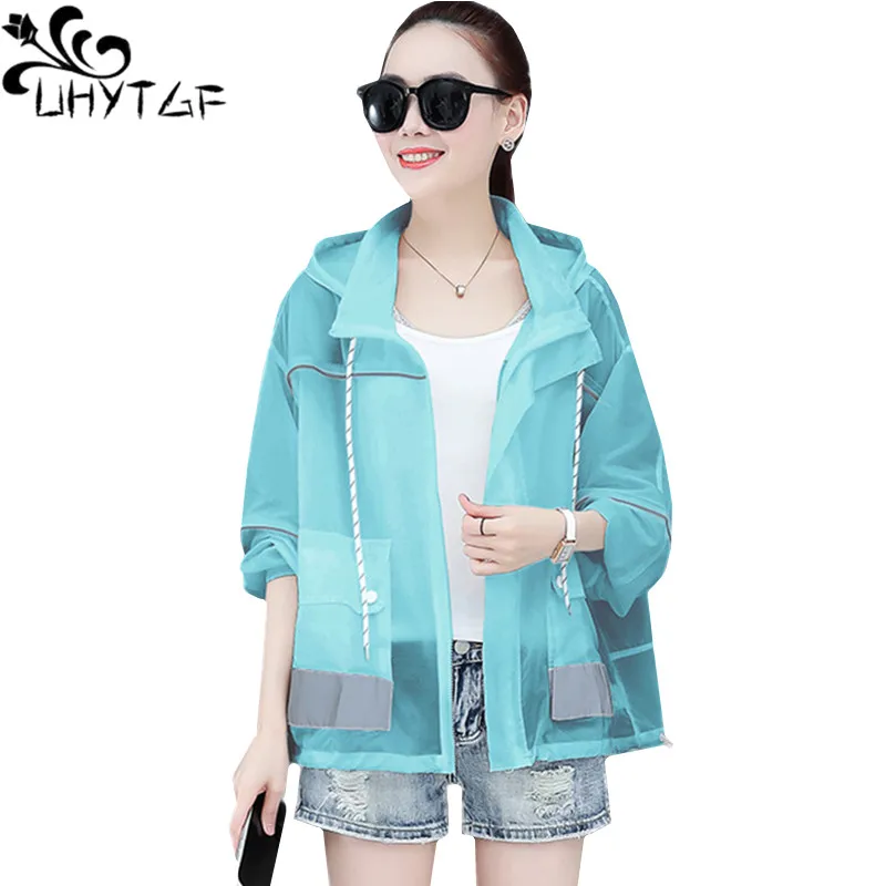 

Модная женская Солнцезащитная одежда UHYTGF, дышащие уличные тонкие летние топы, пальто с длинным рукавом и капюшоном, повседневная короткая куртка 889