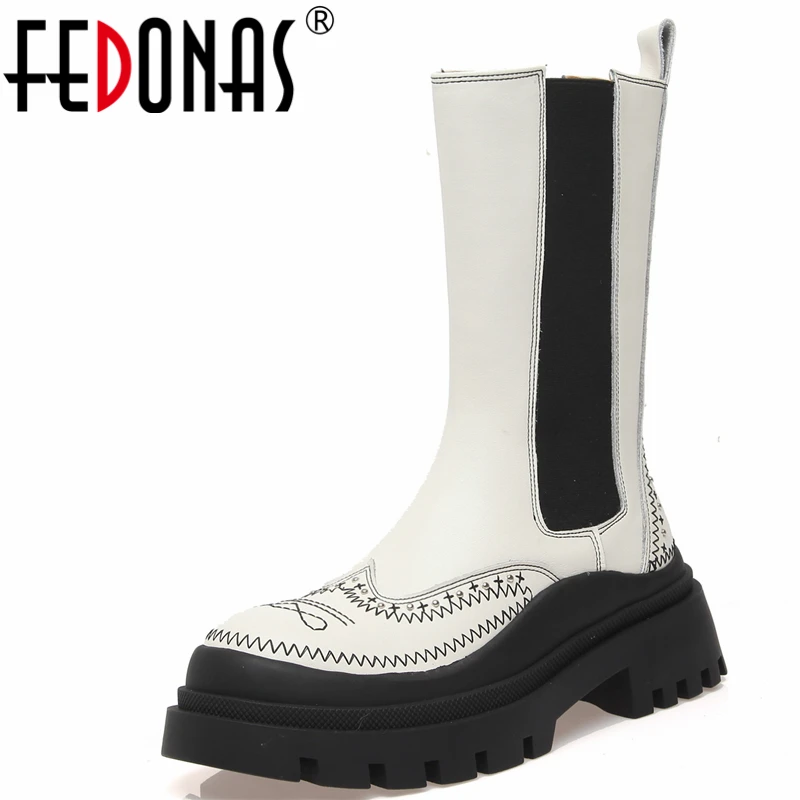 

FEDONAS Cool Popular Embroider Genuine Leather Women Mid-Calf Boots Round Toe Platforms Autumn Winter Casual Shoes Woman Newest
