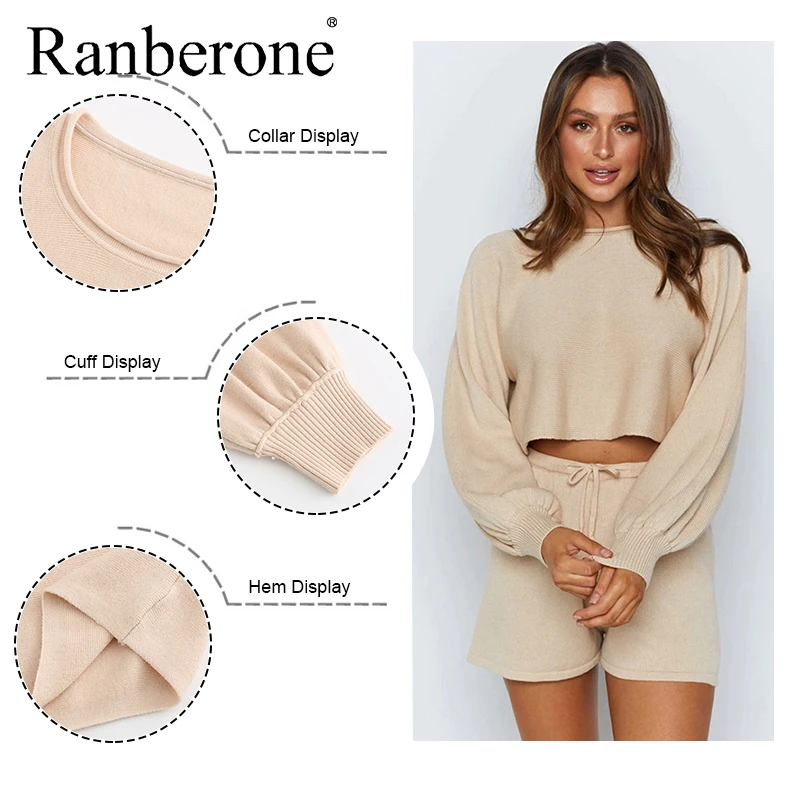 Ranberone Fashion Summer Women Set Long Sleeve Crop Top + Solid Shorts Sport Suit Female Breathable Fitness Tracksuit Wives 2021