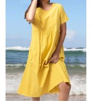 womens round neck short sleeves with pockets solid color cotton and linen casual loose comfortable series over the knee ski