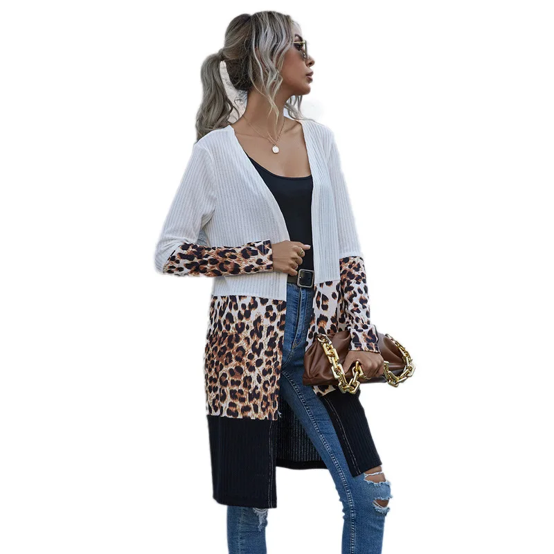 

2021 European and American women's summer and autumn new leopard print stitching long-sleeved long cardigan jacket top