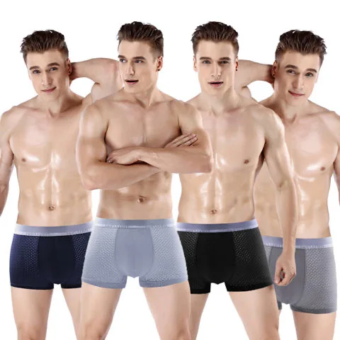 4pcs/Lot Men Underwear Man Boxer Summer Ice Network Mesh Breathable Sexy Youth Boxer Bamboo Ventilate Shorts Four shorts Cosy