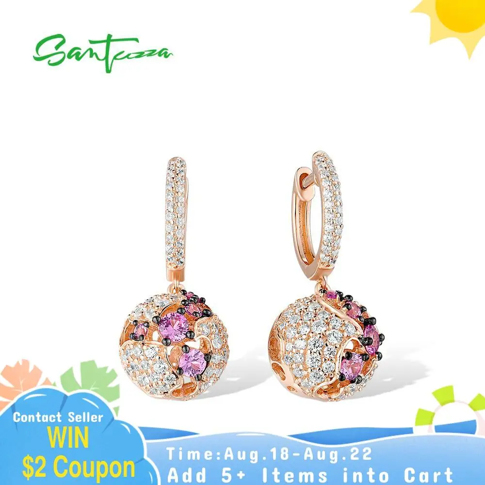 Женские серьги подвески SANTUZZA из серебра 925 пробы с розовым сапфиром и белым